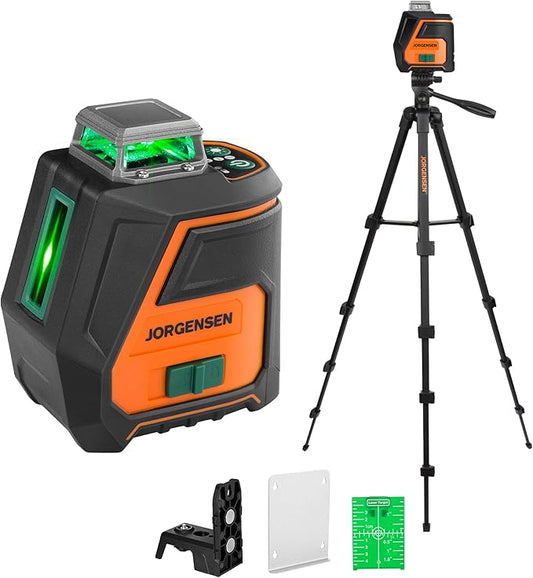 JORGENSEN 360° Laser Level with Tripod, 100 FT Rechargeable Self Leveling Cross Line Laser Leveler Tool with Magnetic Base, Wide Angle Green Laser Level for Picture Hanging, Floor Tile, Construction