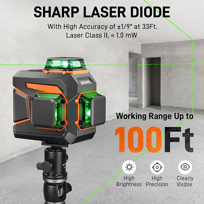 Laser Level 360 Self Leveling Green Line Laser Level Tool Wall Suction Stand Receiver 100ft Line Laser for Picture Hanging Outdoor Rechargeable Battery,3x360