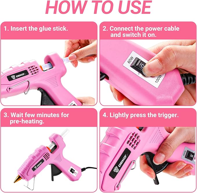 Hot Glue Gun Full Size: DEKOPRO 60/100Watt Dual Temp Hot Glue Gun Kit with 25 Glue Sticks, Organize Storage Case, Heavy Duty Heat Glue Gun Tool Set for Home Repair, Art & Crafts, DIY Pink