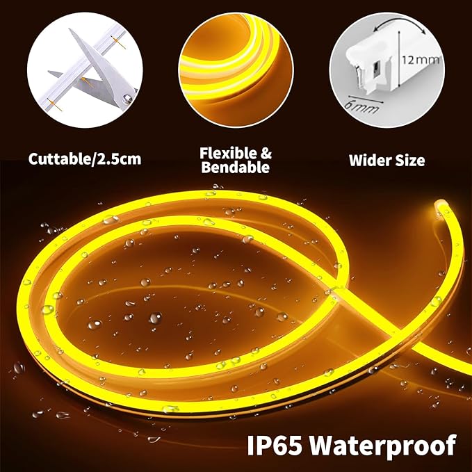iNextStation 12V Yellow LED Strip Lights 16.4FT, Flexible Silicone Neon Rope Light, Waterproof, Cuttable, Dimmable & Linkable, for Cabinet, Ceiling, Wall, Bedroom, Kitchen, Garage (No Adapter)