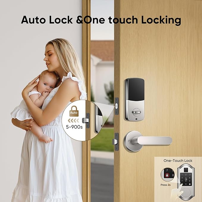 Fingerprint Smart Front Door Lock Set, Keyless Entry Door Lock & Front Door Handle Set, App Control, Digital Touchscreen Keypad, Smart Locks for Front Door, Easy Install,Satin Nickel