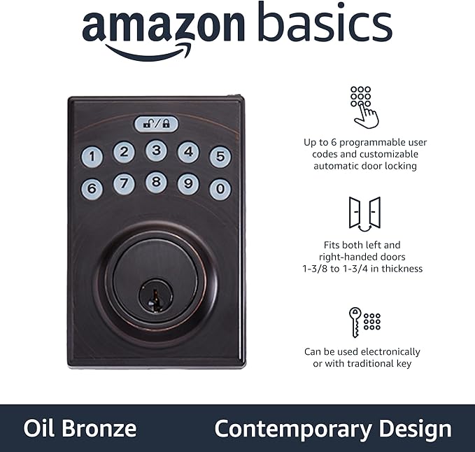 Amazon Basics Electronic Keypad Deadbolt Door Lock with Touch-Control Keyless Entry, Keyed Entry Option, Contemporary, Oil Bronze, 1-Pack