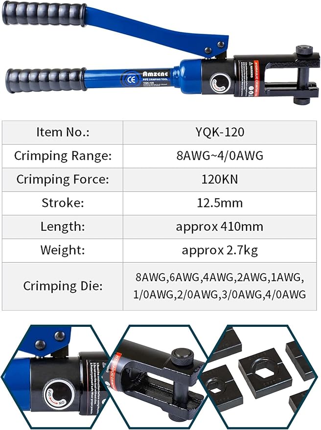 AMZCNC 12 Ton Hydraulic Crimping Tool with 9 Standard American Dies, Crimps 8AWG to 4/0 AWG, Hardened Steel Construction with Oxidized Surface for Durability(Standard US 8AWG to 4/0AWG)