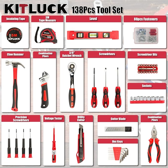 KITLUCK 138-piece Home Tool Kit, Household Hand Repair Tool Set for men, Portable Basic Tool box Set with Tools (Screwdriver, Plier, Wrench, Socket, Harmer, Rule, etc.) for Home and Car
