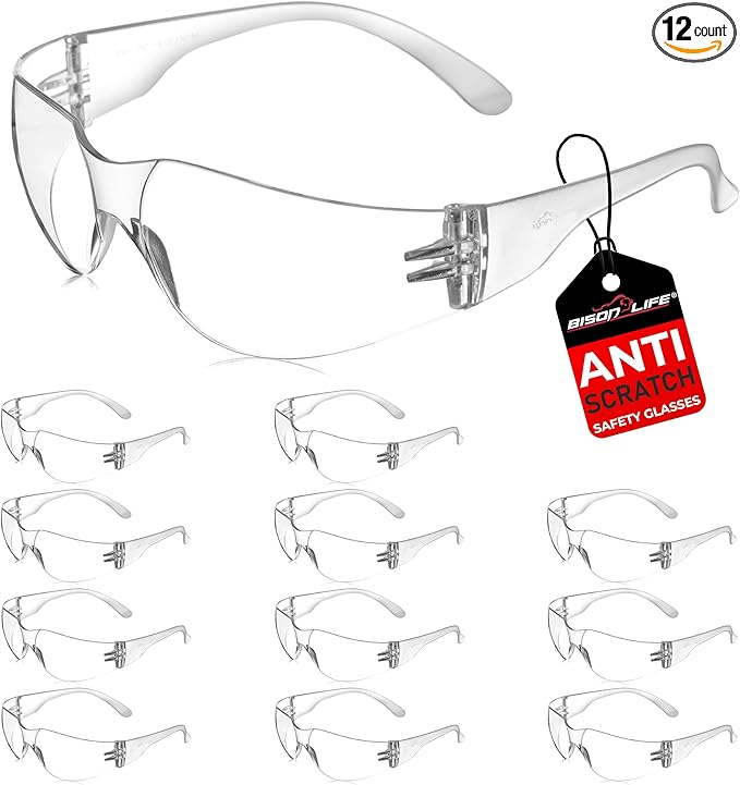BISON LIFE Safety Glasses - Scratch Resistant Wrap Around Eyewear, Polycarbonate ANSI Z87.1 Impact Resistant Lens