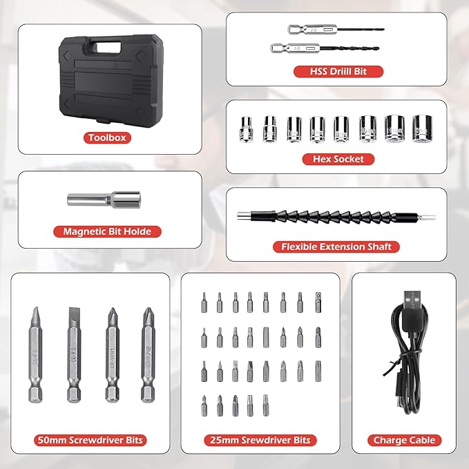 47 in 1 Electric Screwdriver Cordless Drill Rechargeable Set 3.6V Li-ion 3.5N·m Max Torque Electric Rotatable with Case LED Light Screwdriver Multi-Angle Work balck for Home Office DIY Tools