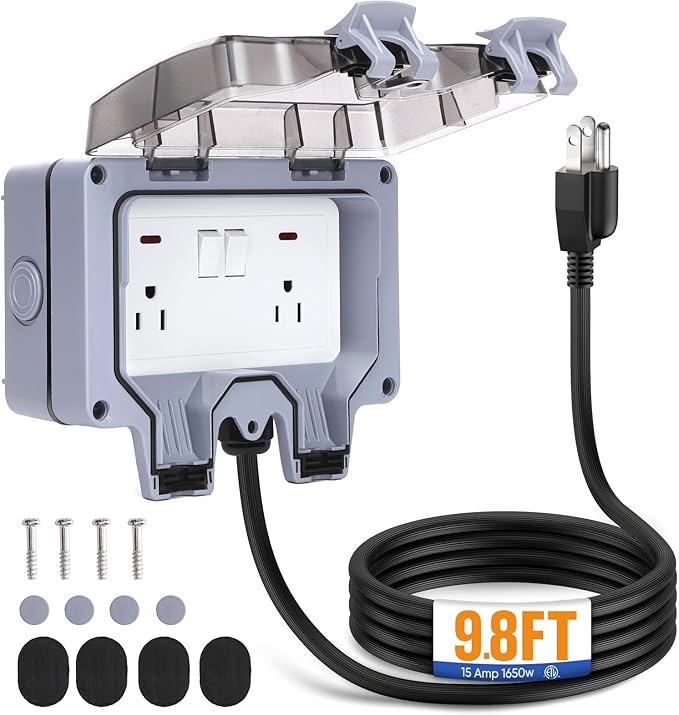 Outdoor Power Outlet,Outdoor Extension Cord Waterproof Double Wall Outlet Extender with On-Off Switch and Indicator Light，Exterior Electric External Power Outlet,Outside Outlet (9.8FT)