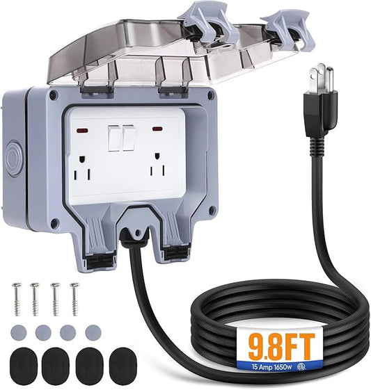 Outdoor Power Outlet,Outdoor Extension Cord Waterproof Double Wall Outlet Extender with On-Off Switch and Indicator Light，Exterior Electric External Power Outlet,Outside Outlet (9.8FT)