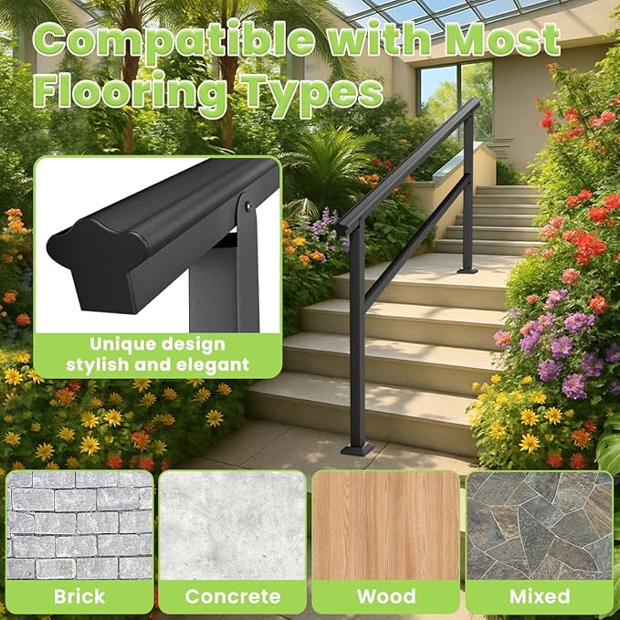 SPACEEUP Hand Rails for Outdoor Steps,2 Step Handrail，24" x 34" Fits 0 to 2 Steps, Outdoor Stair Handrail Kit, Black Railings for Outdoor Steps for Porch Deck，Hand Rails for Seniors