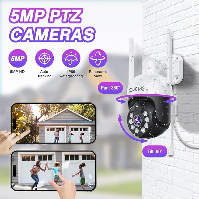 5MP PTZ Security System:CKK 4 PCS Wireless Cameras with 1TB HDD,10-Channel NVR,5G/2.4G WiFi, 2-Way Audio,4K Color Night Vision, Floodlights, Siren, AI Human Detection, Auto Tracking, 24/7 Surveillance
