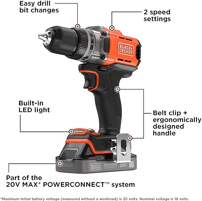 BLACK+DECKER Cordless Drill Driver, Power Drill with Battery and Charger Included, 20V MAX POWERCONNECT (BCD382DS1)