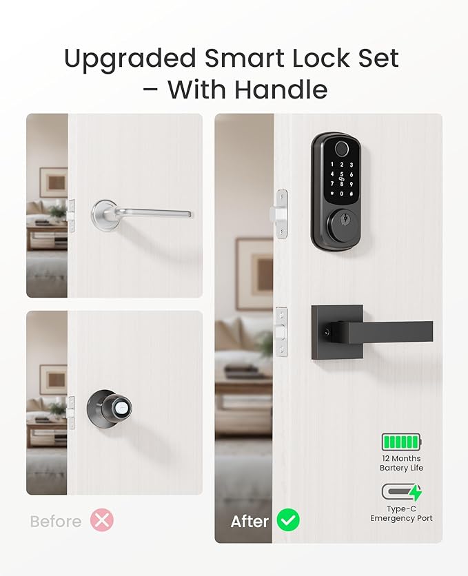 DESLOC B200 Keyless Entry Door Lock with 2 Lever Handles, App Control, Fingerprint Smart Locks for Front Door, Keypad Deadbolt Smart Lock, Deadbolt Lock, Emergency Power Port, 12 Months Battery Black