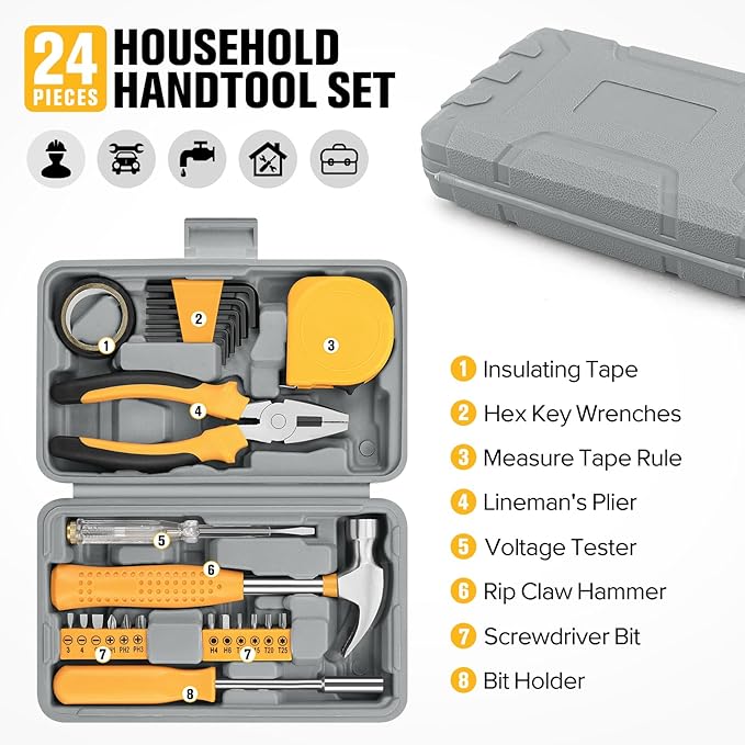 24 Piece Small Tool Kit for Men and Women, Mini Hand Tool Set with Storage Box for Home, DIY, Office, Garage(Yellow)