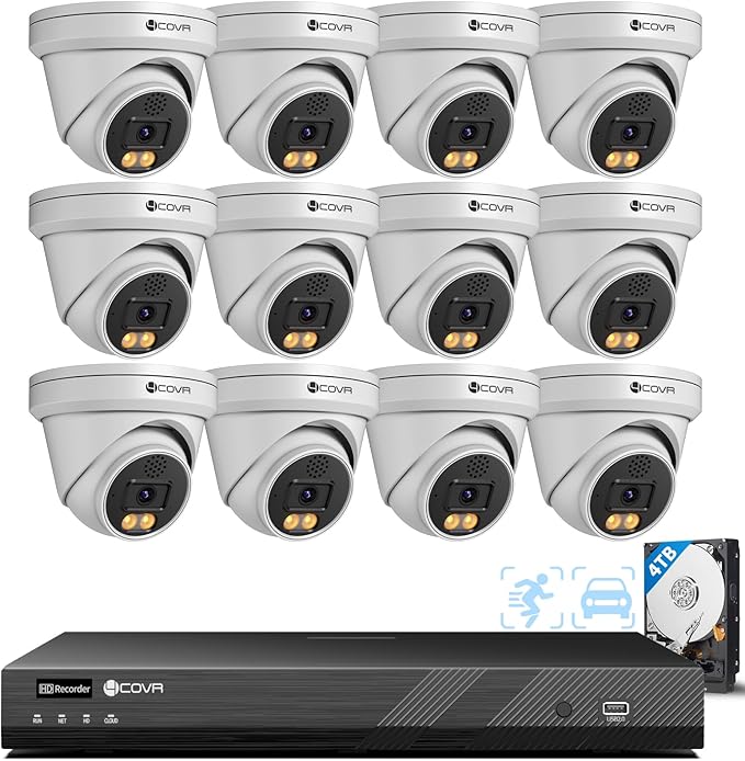 4COVR 12MP Security Camera System 16 Channel for Business, 12X 12MP Wired PoE IP Dome Cameras IP67, 2-Way Audio, Person Vehicle Detection & Smart Color Night Vision, UltraHD NVR 4TB HDD, LY97KAAM1612