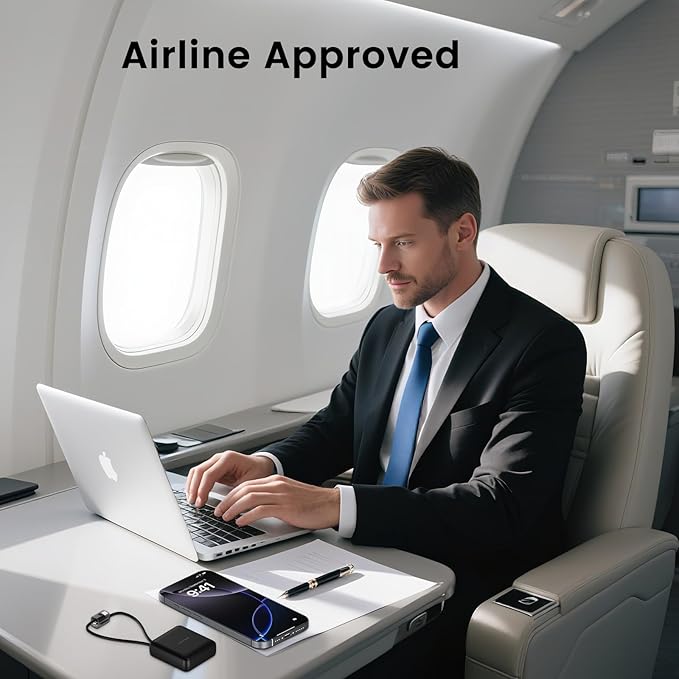 LUCKYDUO Small Portable Charger, Fast charging 22.5W Slim Power Bank 10000mAh with Built-in Cables, LED Display USB-C Mini Battery Pack Travel Essential, Compatible with iPhone, Samsung,Android, White