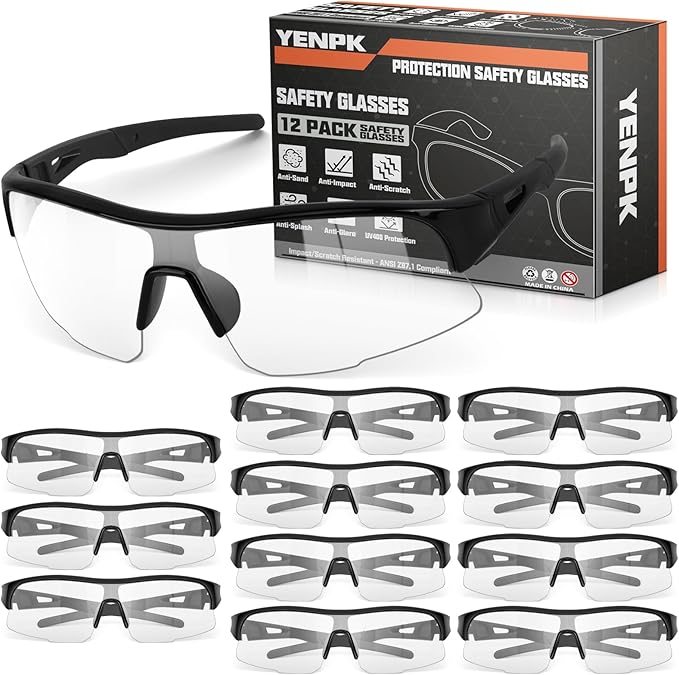 12 Pack Safety Glasses, ANSI Z87.1 Safety Glasses with UV Protection, Impact Resistant Tinted Safety Goggles