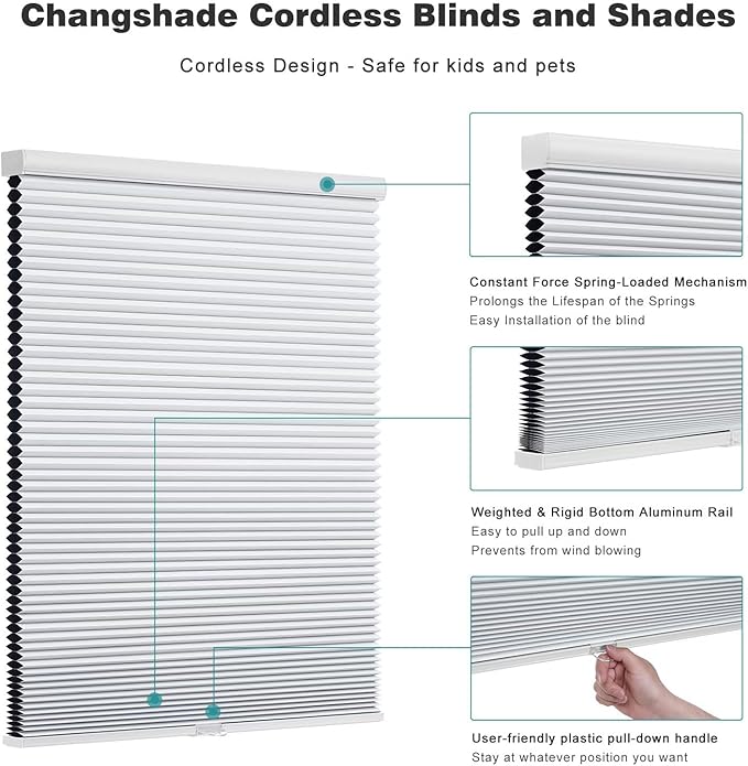 Changshade Cordless Cellular Shades, Blackout Honeycomb Shades for Windows, Pull Down Pleated Blinds, Easy to Install for Indoor Windows and French Doors,24" W x 64" H, White