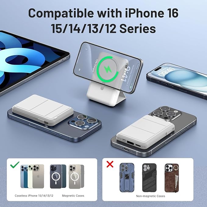 Azmuth for Magsafe Battery Pack, 10000mAh Magnetic Power Bank 22.5W PD Fast Charging with USB-C Cable LED Display Wireless Portable Charger with Stand for iPhone 16/15/14/13/12/Pro (White)