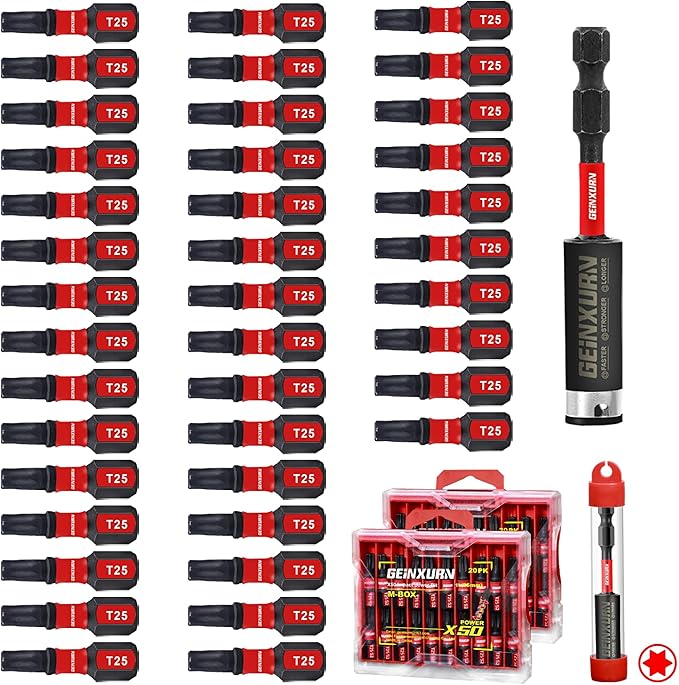 40 Pieces 1 In. T25 Impact Tough Magnetic Screwdriver Bit Set, #25 Torx Head Insert Bits, S2 Alloy Steel Star Bits with 1 Pc Impact Bit Holder and Storage M-Box