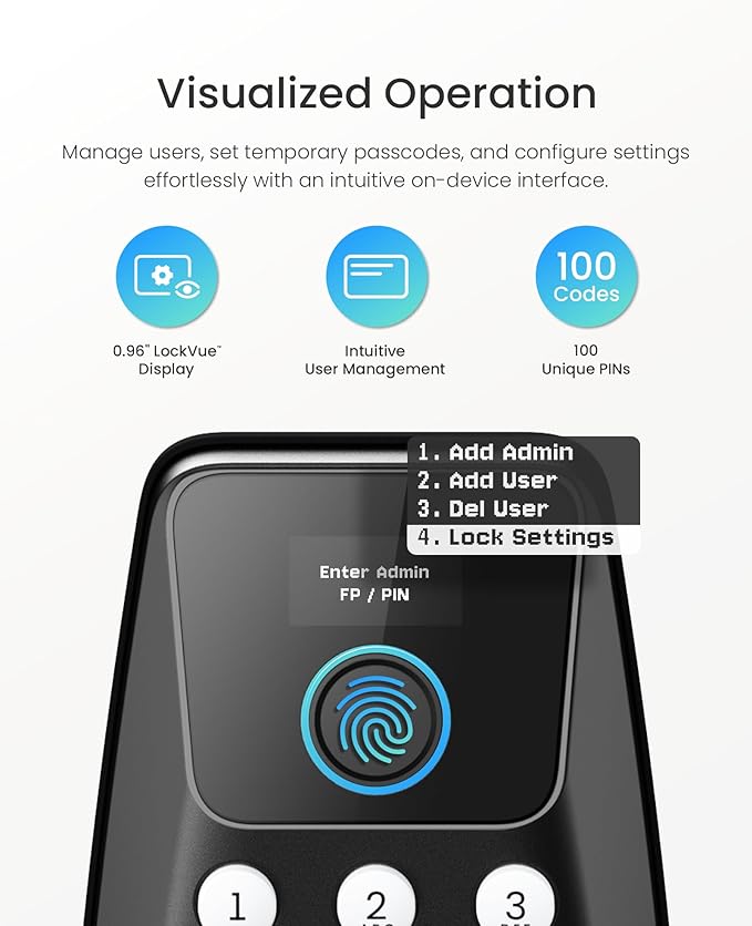 DESLOC C110 Keyless Entry Door Lock with 2 Lever Handles&Smart Screen, Digital Smart Front Door Lock Set, Fingerprint Door Locks, Keypad Deadbolt, Auto-Lock, Backlit Keys, Passage Mode, IP54, Black