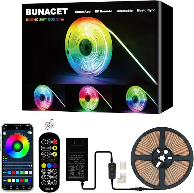 20FT LED Strip Lights COB Smart IC, 24V RGB LED Lights for Bedroom with RF Remote Smart App Button Controller Music Sync Color Changing Strip Lights for Game Room Kitchen Cabinet Lighting