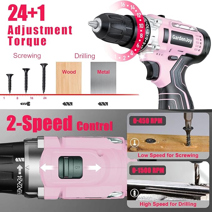 GardenJoy Cordless Power Drill Set: 12V Electric Drill with Battery and Charger, 65pcs Acessories, 3/8"Keyless Chuck, 2 Variable Speed, 24+1 Position, Compact Drill Driver Kit for Home & DIY Project
