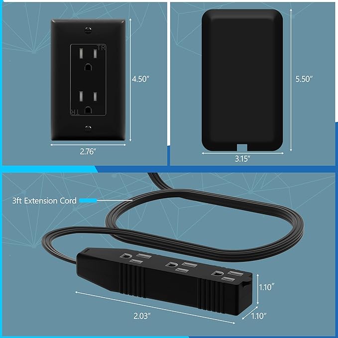 LIDER Flat-Face Outlet Extender with 3 Receptacles, Ultra-Thin Wall Plate Plug with Cord Extender and 3-Outlet Power Strip, 3ft Cord, LWE3-315-BK, ETL-Listed, Black