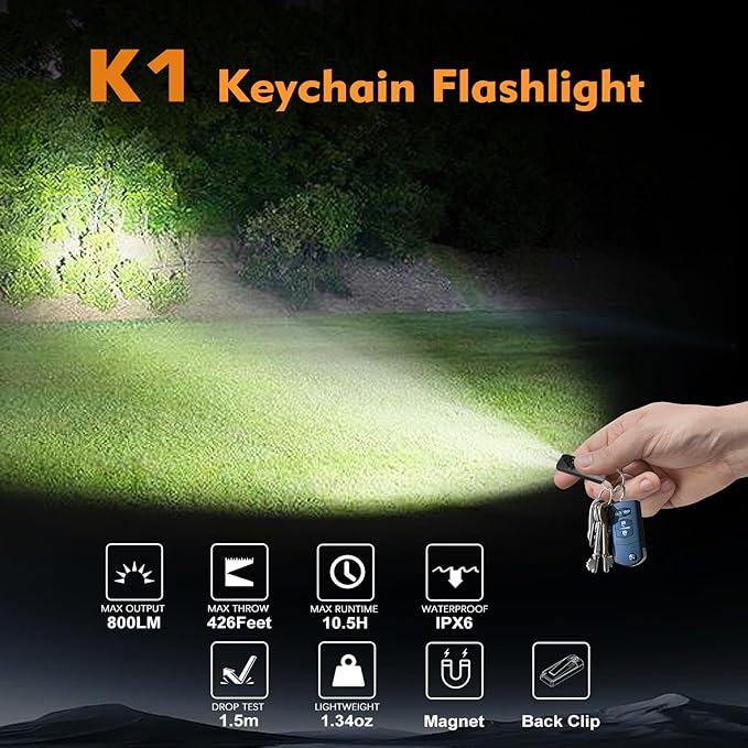 VTIGER K1 Keychain Flashlights, 800 Lumens Portable Flat Little Light,USB Rechargeable Mini Pocket EDC Flashlight with Clip,Compact LED Keyring Lights with Magnet for Everyday Carry,Camping,Emergency