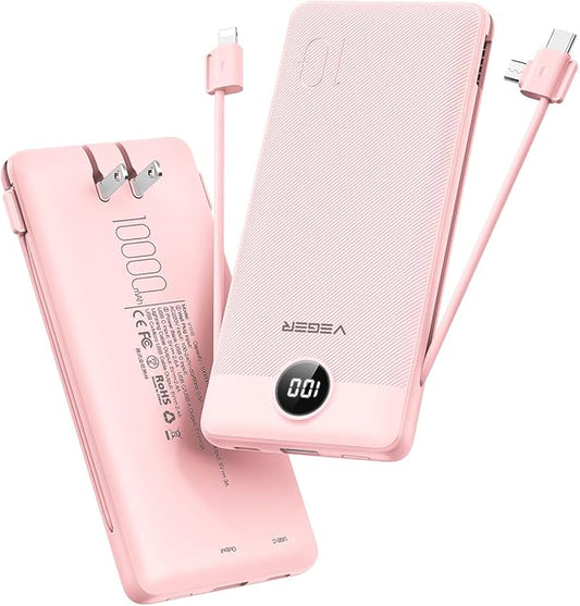 VEGER Portable Charger for iPhone with Built in Cables and Wall Plug, 10000mah Slim Fast Charging USB C Power Bank, Travel Essential Battery Pack Compatible with iPhone, iPad, Samsung etc(Crepe)