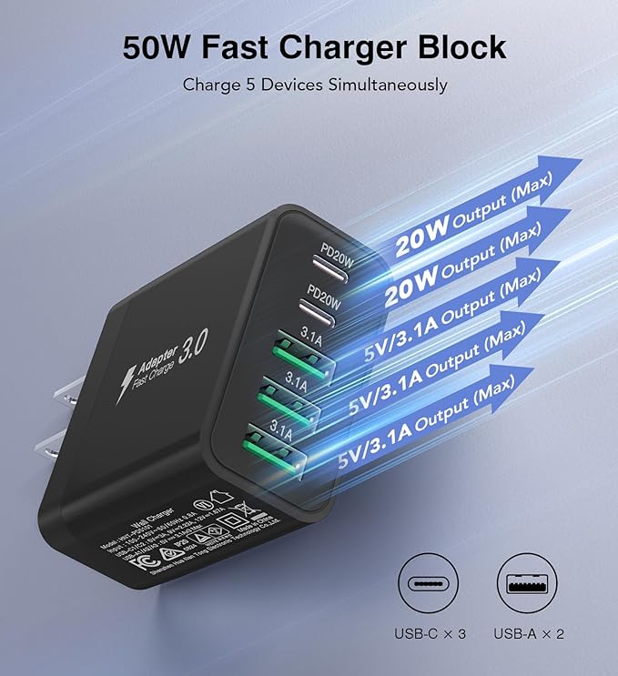 [2-Pack] USB C Wall Charger, 50W Fast USB C Charger Block, 5-Port PD Power Adapter + QC Wall Plug Multiport Type C Charging Block Cube Compatible with iPhone 16 15 14 13 12 11 Pro Max XR XS, Black