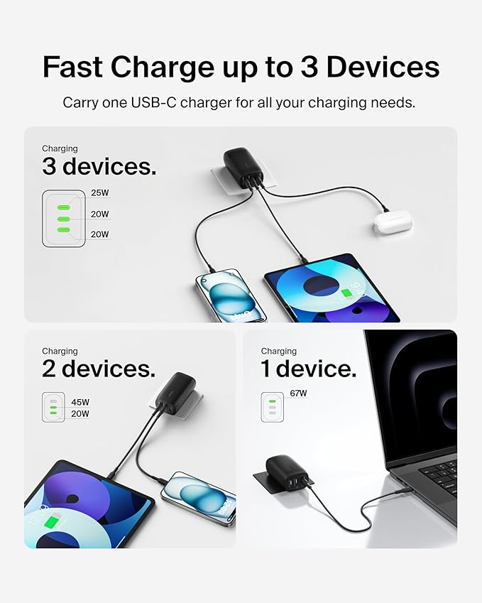 Belkin 3-Port USB C Charger Block w/PPS 67W, USB-C PD 3.1 Super Fast Charging - Samsung Galaxy S25, Apple iPhone 16, MacBook Pro, AirPods, Nintendo Switch 2, & Other PD Enabled Devices - Black