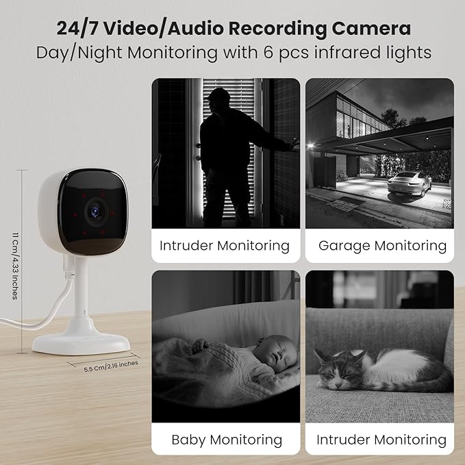 2 Pack Indoor Camera, Baby/Pet/Elderly Security Cameras, AI Motion Detection, 24/7 Recording, Night Vision, Compatible with Alexa & Google Assistant, SD Card & Cloud Storage, 2.4GHz WiFi