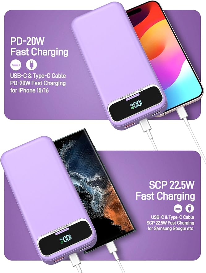 Portable Charger Power Bank with Built in Cables and AC Wall Plug,PD20W&SCP22.5W USB-C Super Fast Charging,20000mAh Travel Phone Charging,LED Display Battery Pack Compatible All iPhone Samsung etc