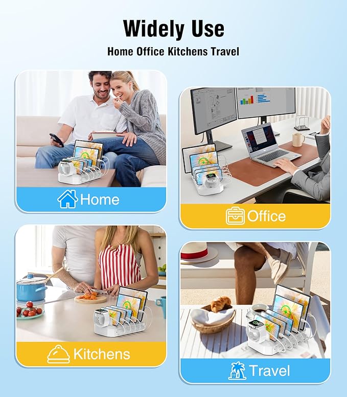 𝟐𝟎𝟐𝟓 𝐔𝐩𝐠𝐫𝐚𝐝𝐞𝐝 Charging Station for Multiple Devices【Smart IC Tech & Adjustable Dividers】 6-Port USB Charging Dock Compatible w/iPhone/Android/MacBook/Tablet/Kindle & Other Electronic