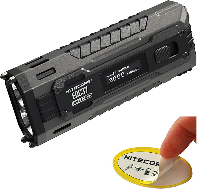 Nitecore EDC37 8000 Lumens Flat Shape Flashlight, USB-C Fast Charging with Digital OLED Display and Safety Lock Sticker