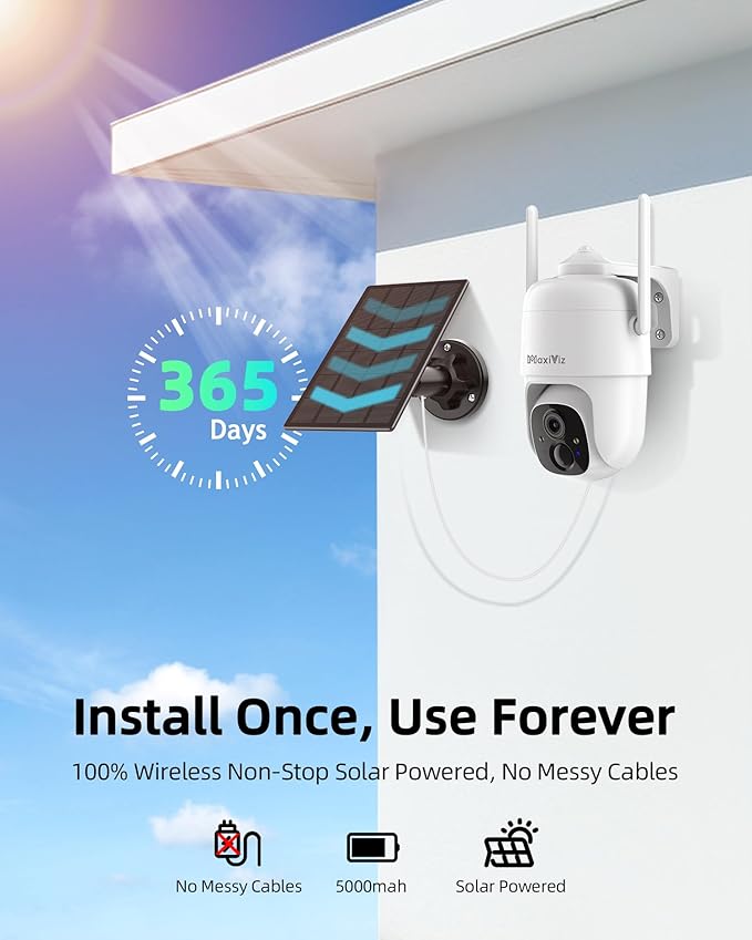 Wireless Solar Security Camera Outdoor, Home Security Cameras with Solar Panel 360° Live View, 2K Color Night Vision, AI Motion Detection, IP66 Weatherproof, Local/Cloud Storage (2 Packs)