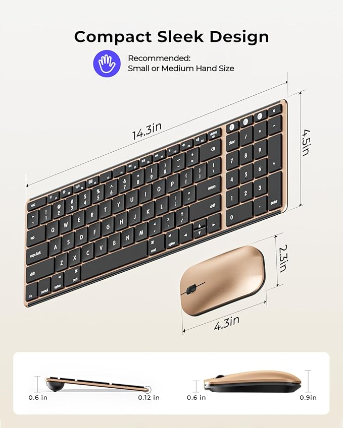 seenda Bluetooth Keyboard and Mouse for Mac, SKM64-2 Multi-Device Rechargeable Slim Wireless Keyboard Mouse Stainless Steel Full Size, Compatible with MacBook Pro/Air, iPad, Mac - Black Gold