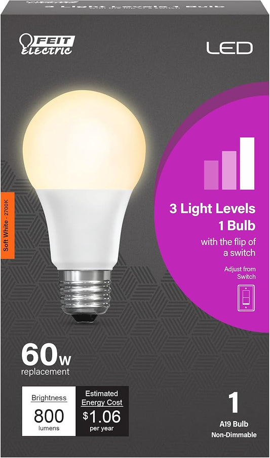 Feit Electric A19 LED Light Bulb, 65W Equivalent IntelliBulb Switch to Dim, E26 Medium Base, 800 Lumens 2700K Soft White - OM60/3DIMCA/LEDI