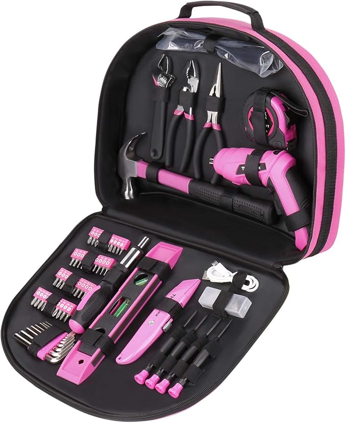 THINKWORK 122-Piece Pink Tool Set with 3.6V Rotatable Electric Screwdriver, Home Tool Kit for Women with Easy Carrying Round Pouch, Ladies Pink Tool Kit for Home Maintenance, DIY, Gifts