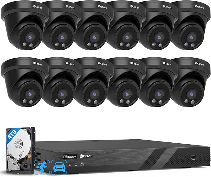 4COVR PoE 16 Channel Security Camera System 4K & AI Human/Vehicle Detection, 8MP NVR 4TB HDD, 12Pcs 8MP Wired Commercial Dome IP Camera IP67 Night Vision, Business Surveillance Outdoor, LY97AB8M1612