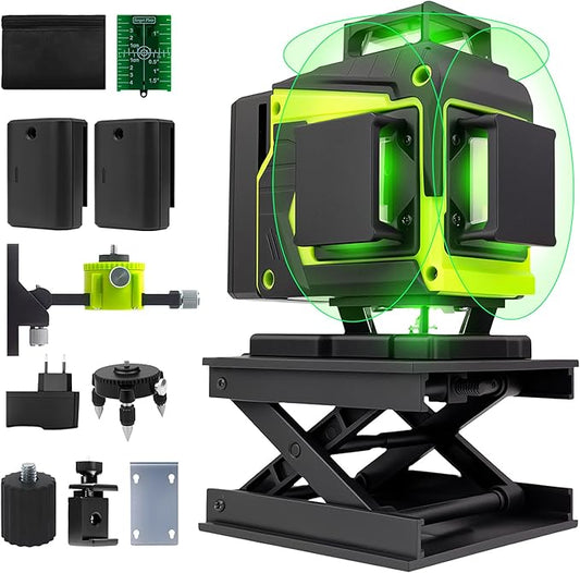 Laser Level 360 Self Leveling,4x360° 16 Lines 4D Green Cross Line Laser with 2 Batteries, Adjustable Brightness & Remote Control for Construction, Tiling, and Picture Hanging