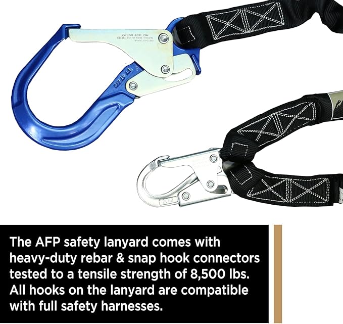AFP 6FT Double Leg Internal Shock Absorbing Safety Fall Protection Lanyard with Dual Aluminum Pelican Rebar & Steel Snap Hook | Heavy-Duty Webbing | OSHA & ANSI Rated (Aluminum)