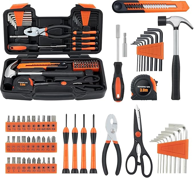 58 Piece Household Tool Set, General Household Hand Tool Kit with Plastic Toolbox Storage Case, All Purpose Household Tool Kit for Home, Garage, Office and College Dormitory Use, Orange