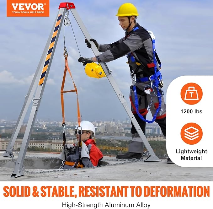 VEVOR Confined Space Tripod Kit, 1200 lbs Winch, Confined Space Tripod 7' Legs Bracket and 98' Cable, Confined Space Rescue Tripod 32.8' Fall Protection, Storage Bag for Traditional Confined Spaces