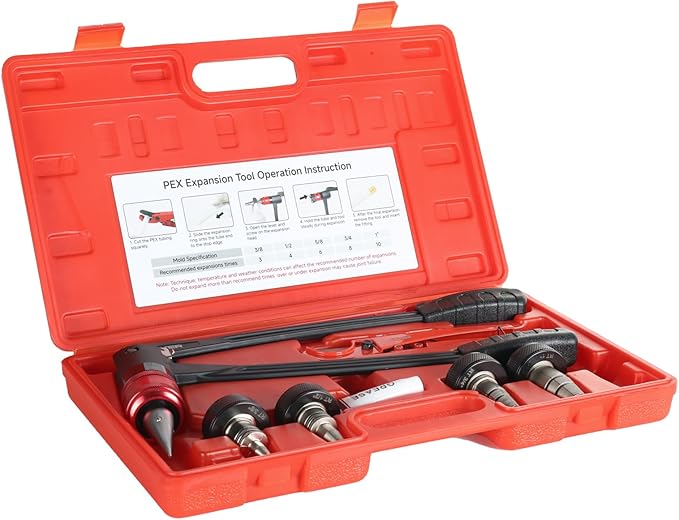 PEX Auto Rotation Expansion Tool Kit with 4 Matte Nickel Plated Heads (3/8", 1/2", 3/4", 1") – Efficient and Reliable PEX-A Expander Tool Set with Pipe Cutter Meets ASTM F1960 Standard
