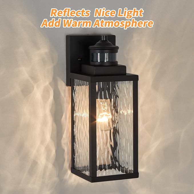 2 Pack Motion Sensor Outdoor Wall Lights,Updated Dusk to Dawn Outdoor Lighting, Exterior Light Fixtures Wall Mount With Water-Rippled Glass,Waterproof Black Porch Light Outside Lights for House