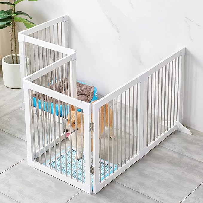 Foldable Wooden Dog Gates 126" Wide, 27.5" Tall Freestanding Pet Gate Dog Fence No-Installation Puppy Safety Fence Extra Wide Puppy Barrier for Doorways,Stairs, or Hallways-6 Panel，White