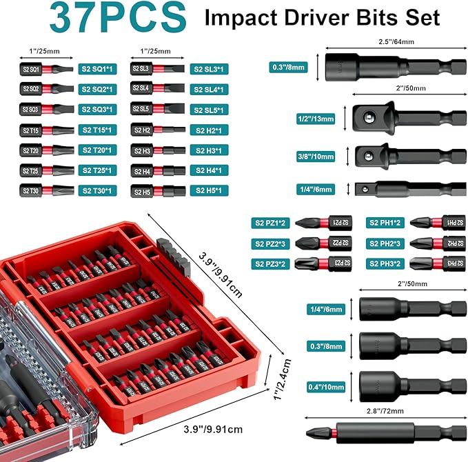 36Pcs Impact Driver Bits Set with a Storage Case, 28 Magnetic Screwdriver Bits, 5 Magnetic Sockets, 3 Socket Adapters, 1/4 In. Hex Shank Driver Tools Set for Power Screwdrivers, Electric Drill Drivers