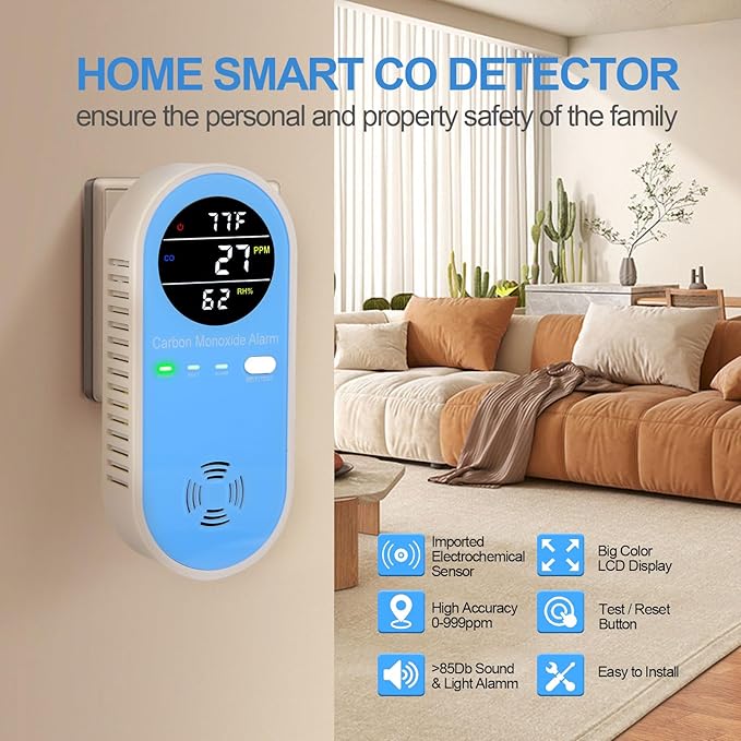 Plug-in Carbon Monoxide Detector with Real-Time CO Display & Temperature/Humidity Monitor, Plug-in CO Alarm for Home, RV, Apartment, Indoor Air Safety 2-Pack