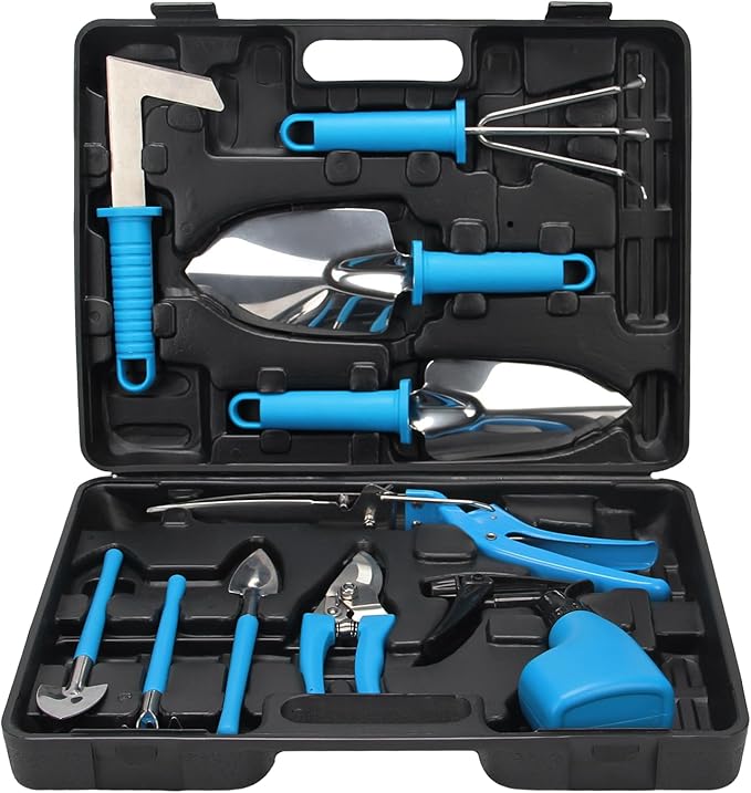 Gardening Tools Set, 10PCS Stainless Steel Gardening Planting Tools Gift Kit with Carrying Case, Trowel Rake Weeder Pruner Shears Sprayer Gardening Set